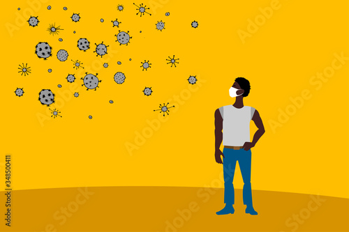 Lots of bacteria and viruses in air and in particles, virus transfer by airborne droplets. Human face in medical mask and various bacteria and viruses, vector illustration, quarantine and pandemics