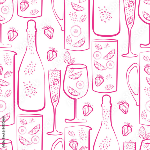 Sparkling wine vector seamless pattern background. Hand drawn bottles, glasses and strawberries rose pink white backdrop. Elegant monochrome illustration All over print for party celebration concept.