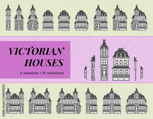 victorian houses collection. combination of architectural elements