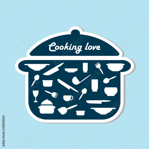 Cooking, kitchen sticker. Kitchen utensils icon or logo. Lettering Cooking love. Vector illustration
