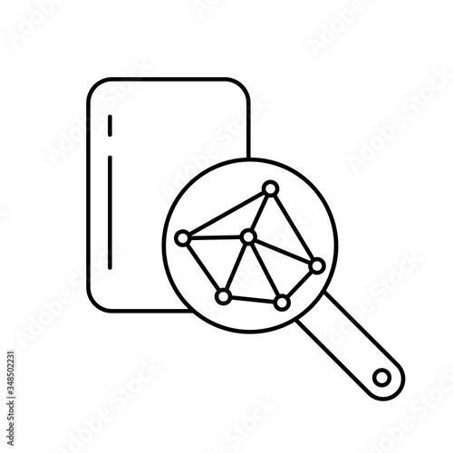 Rectangular plate, magnifying glass, crystal surface structure. Linear icon of macro magnification. Illustration for plastic, rubber, metal, polymer products. Contour isolated vector, white background