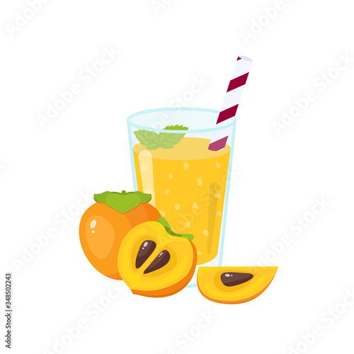 Fresh persimmon smoothie. Fruit smoothie in a glass. Healthy drink vector illustration