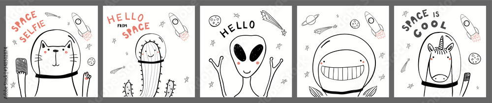 Collection of cards, posters with cute funny alien, animals, cactus  astronauts, rocket, planets, space quotes. Hand drawn childish vector  illustration. Line drawing. Design concept for children print. Stock Vector  | Adobe Stock