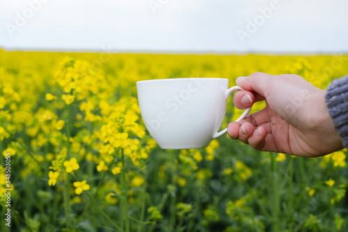 Female hand on a background of yellow flowers holding a cup of coffee. outdoors 