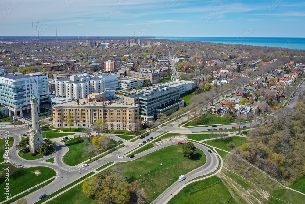 Milwaukee, WI / USA - May 07, 2020:  Aerial view of the North Point Water Tower and Ascension Columbia St. Mary's Hospital Milwaukee