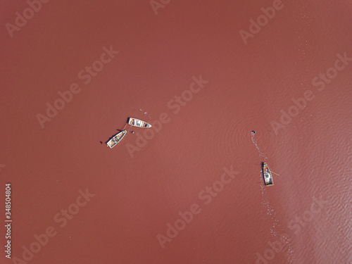 pink lake retba in the suburbs of Dakar photographed from a drone in Africa salt mining