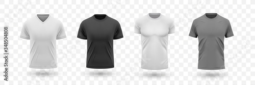 Realistic male shirt mockups set. Illustration of realism style drawn tshirt templates front design. Collection of black gray and white version of jersey for men on transparent background.