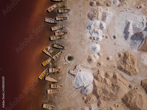 pink lake retba in the suburbs of Dakar photographed from a drone in Africa salt mining