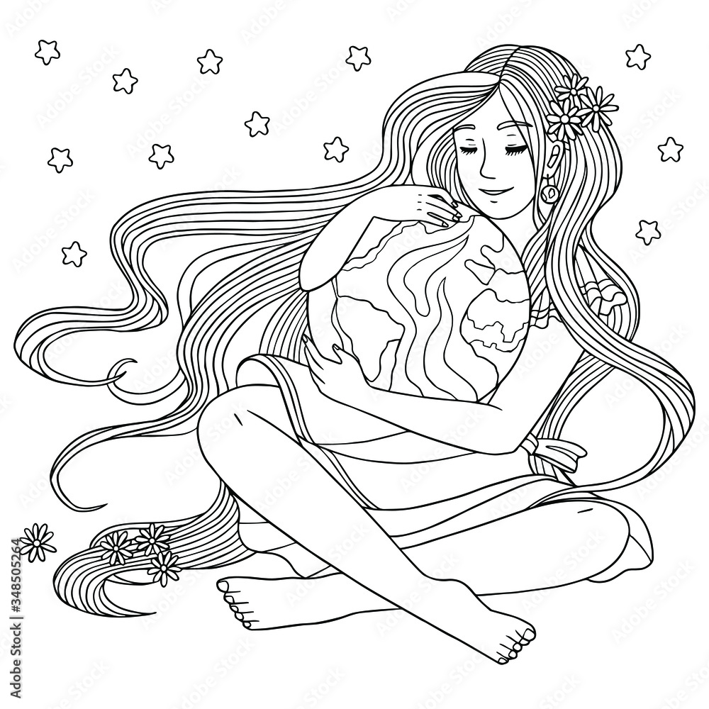 Plakat Earth day. Coloring page. Girl hugs a planet. Vector outline illustration for coloring book for adults. Line art for relax at home.
