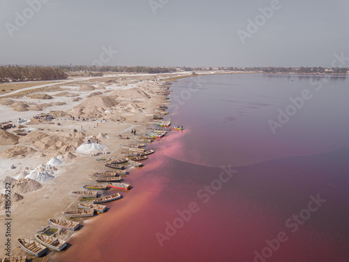 pink lake retba in the suburbs of Dakar photographed from a drone in Africa salt mining
