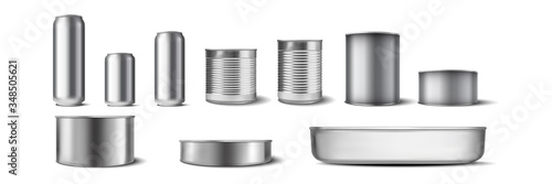 Realistic aluminium cans set. Illustration of realism style drawn metal containers mockups for drinks or beverages. Collection of different shape and size steel tins on white background.