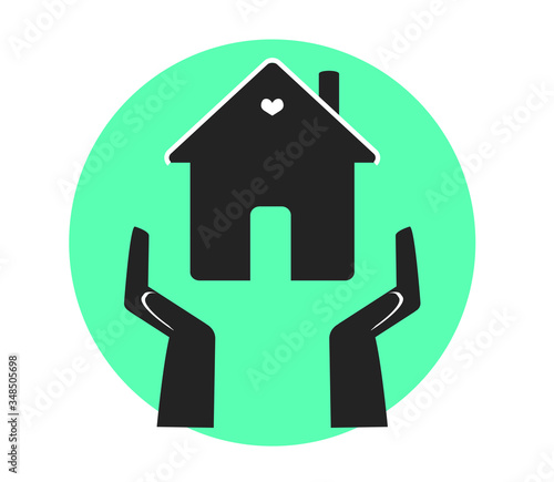House and hands on a blue background. Property insurance. Vector illustration.