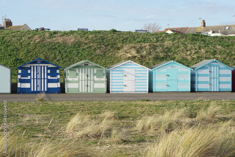 Naklejka premium Colourful beach huts, South Beach in Lowesoft, Norfolk, UK