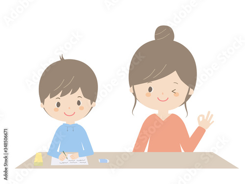 Boy studying with parents.