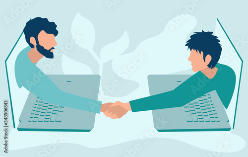 Handshake. Two businessmen talk through laptop screens and shake hands. Collaboration and communication, corporate and cooperative business concept. Flat style vector.