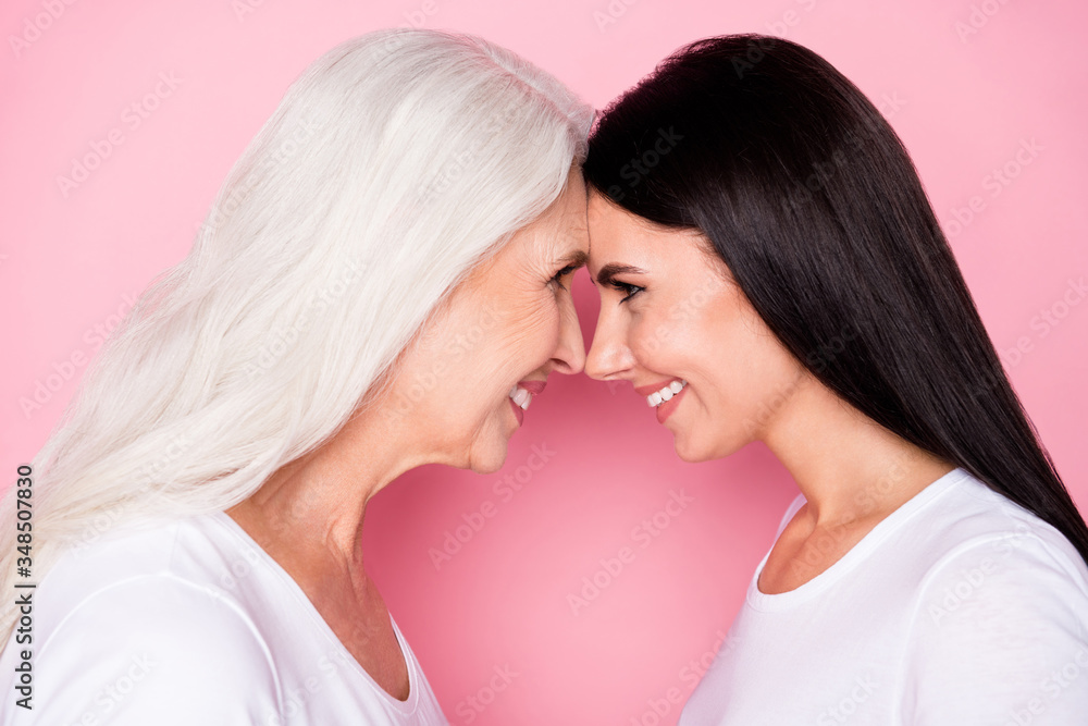 Closeup profile photo of pretty old mother young daughter ladies stand opposite lean foreheads affectionate look eyes wear casual white t-shirts isolated pastel pink color background Closeup profile photo of pretty old mother young daughter ladies stand opposite lean foreheads affectionate look eyes wear casual white t-shirts isolated pastel pink color background