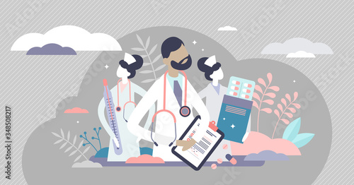 Medical team vector illustration. Doctor and nurses flat tiny persons concept