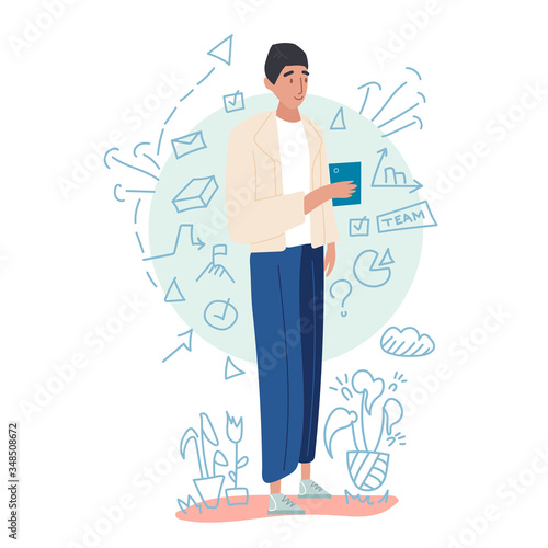 Worker stands on the ground and holds a blue tablet or phone thinking how to improve a teamwork. White doodle background with flowers and office stuff. Vector cartoon colored flat illustration