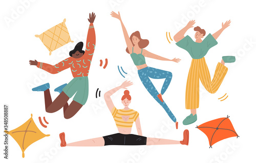 Group of friends celebrates holiday by making an overnight party with pillows. They are jumping, dancing and doing yoga with a big joy. Flat colored vector illustration on white background
