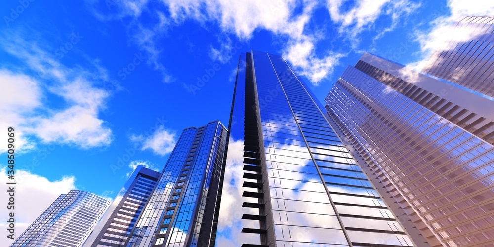 Fototapeta premium Beautiful skyscrapers against the sky, modern high-rise buildings bottom view, 3D rendering