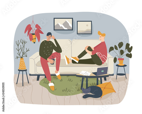 Two friends, students or brothers sitting on the comfortable sofa at home and talking to each other, sharing thoughts and ideas in nice and cozy atmosphere. Vector colored cartoon flat illustration.