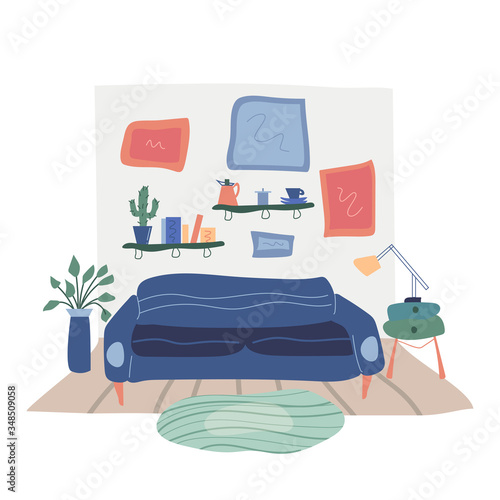 Modern interior of the living room with fashionable furniture. Vector banner. Design of a cozy room with sofa, lamp, carpet and decor accessories. Flat cartoon colorful illustration