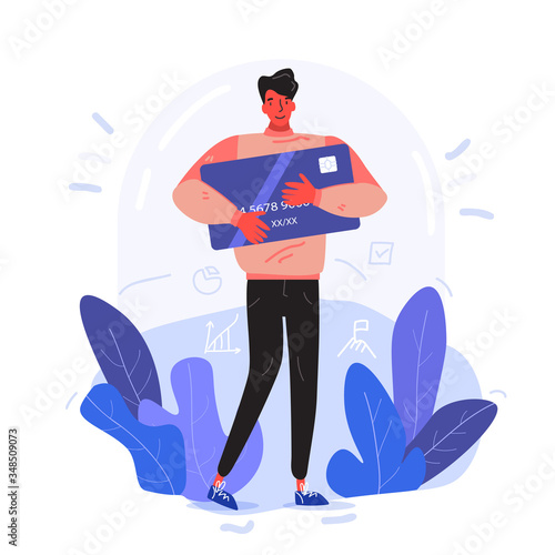 A handsome male businessman, freelancer or student holding a giant credit card in his hand. On background there are doodle of some infographic elements represent boy’s future transactions
