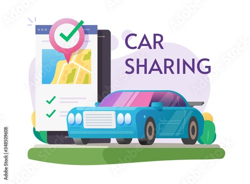 Car sharing rental via mobile phone service online or carsharing club for automobile rent using smartphone city map pin pointer auto location vector flat illustration, concept of internet taxi cab