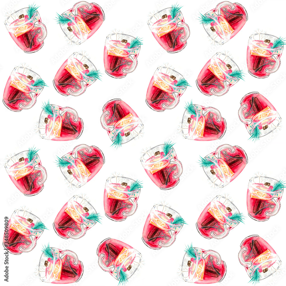 christmas drink illustration  isolated on white background. mulled wine or hibiscus tea with spices, orange, cinnamon stick and some decoration