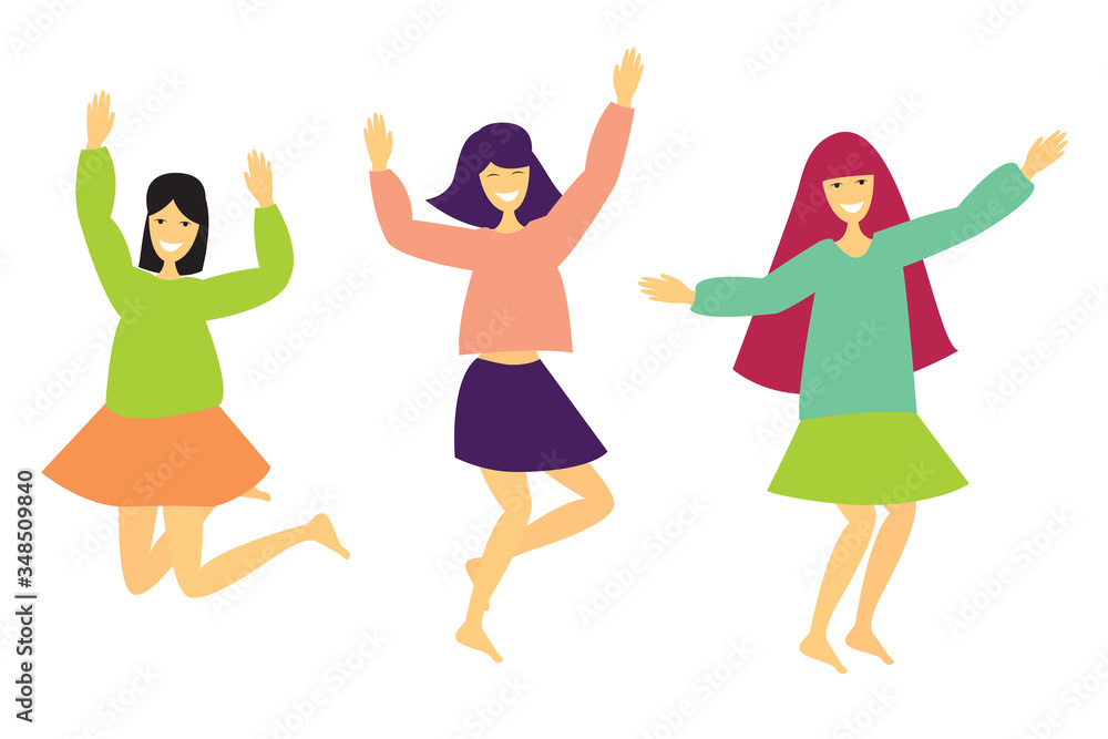 Happy girls dance and rejoice. Flat bright vector illustration isolated on white background.