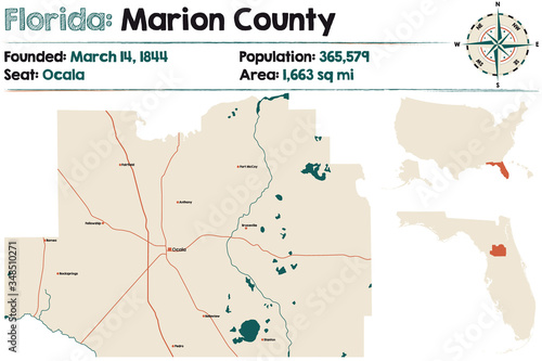 Large and detailed map of Marion county in Florida, USA.