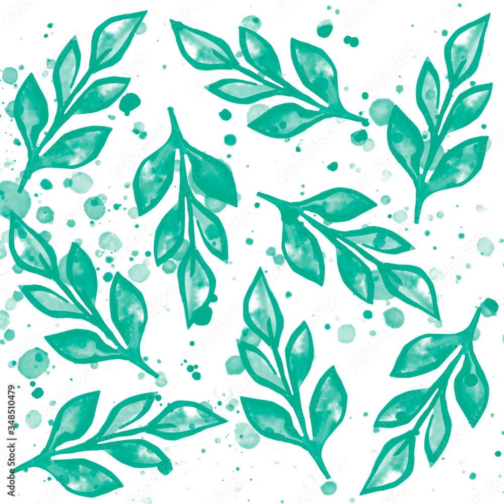 green watercolor leaves with pink flowers pattern isolated on white background with watercolor splashes green watercolor leaves with pink flowers pattern isolated on white background with watercolor splashes