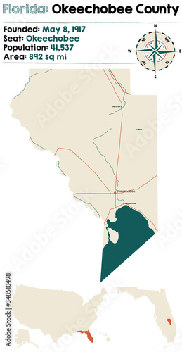 Large and detailed map of Okeechobee county in Florida, USA.