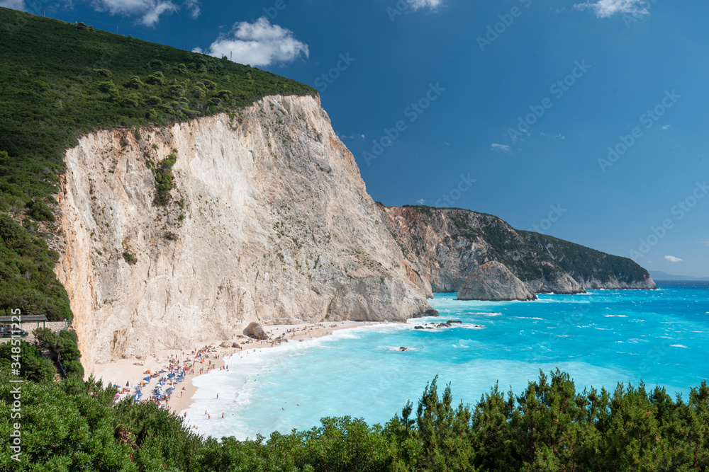 Porto Katsiki, the famous beach, with turquoise water of the Mediteranean sea and white cliffs,