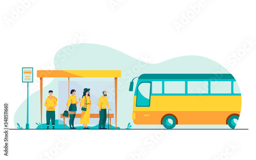 Passengers waiting for public transport at bus stop flat vector illustration. Cartoon characters using auto. Transportation and conveyance concept.