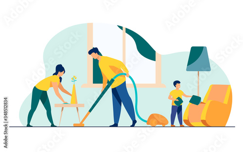 Happy family housekeeping together flat vector illustration. Daughter, mother and father working for household and clean home. Housekeeping and house concept