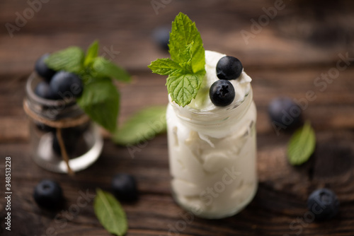 yogurt  with berry and mint  rustic style