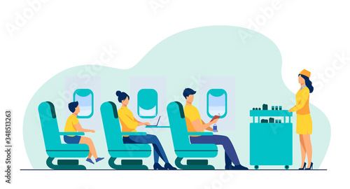 Air trip with comfort flat vector illustration. Passengers waiting for airline meal. People travelling by plane and sitting near airplane window. Airline, tourism and journey concept.