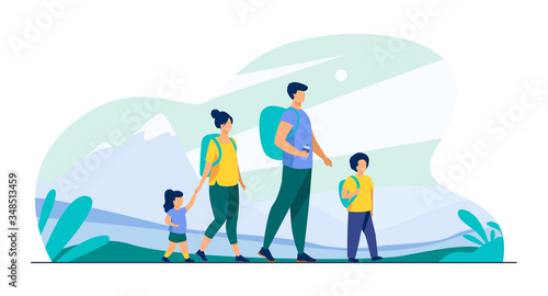 Happy active family walking outdoors. Couple of tourists with children hiking, carrying camping backpacks. Vector illustration for holiday, mountain trekking, activity, lifestyle concept