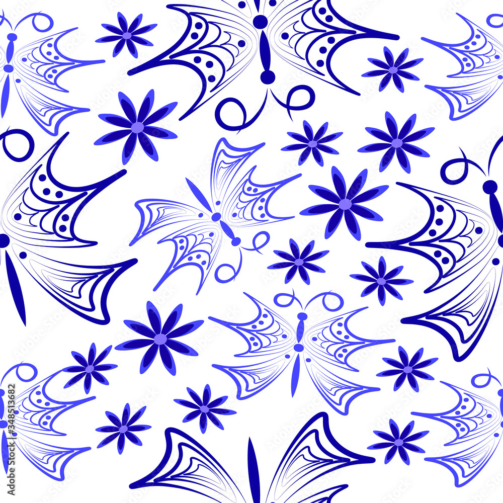 Blue abstract butterflies seamless pattern.