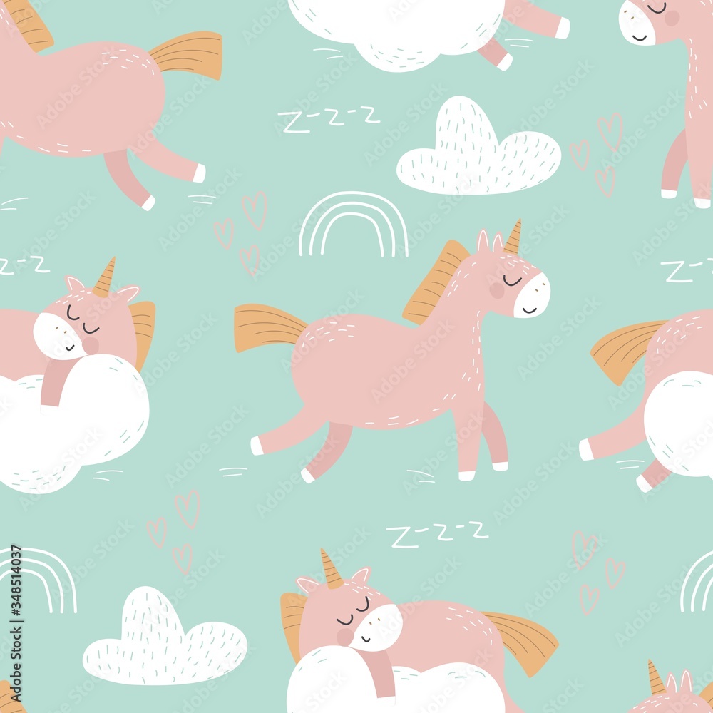 Seamless pattern with a unicorn and hearts on a light background. Vector illustration for printing on a postcard, poster, or clothing. Cute children's background.