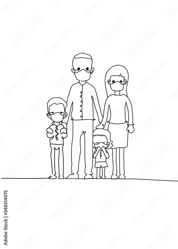 One continuous line drawing,  Family, parents, children wear masks.