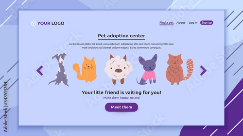 Perfect banner for your website of pet adoption, animal store or vet clinic. Group of cute dogs and cats are waiting for their new family and want to meet the owner. Cartoon colorful vector