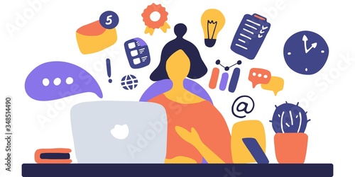 Student female character study at computer. E-learning, online education, blogger, volunteer concept. Hand drawn vector illustration