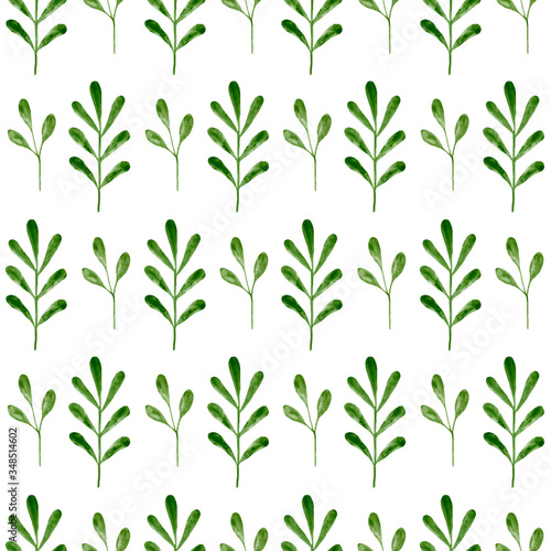 Tender ornament of green watercolor leaves on white background. Minimal seamless pattern for textile and packaging design. Rustic style