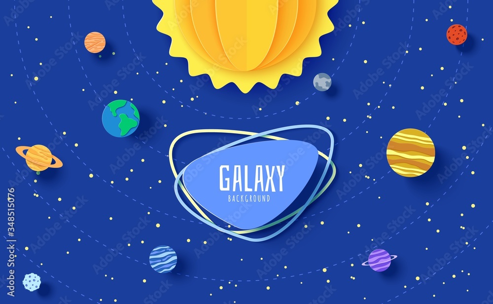 Fototapeta premium Solar system model in paper cut style. Cartoon planets, red polygonal rocket and origami UFO. 3d vector background with flying saucer in starry night sky. Children's illustration of paper craft galaxy