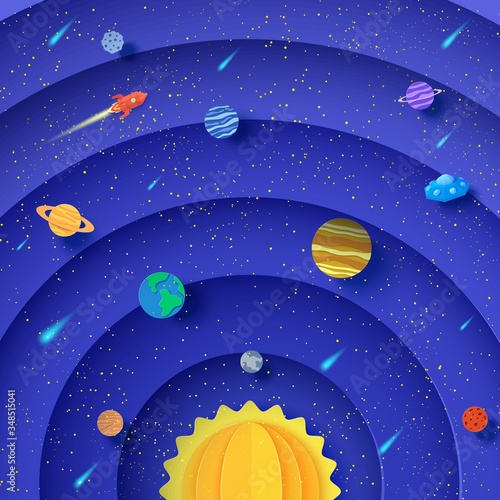 Solar system model in paper cut style. Round layers galaxy space with cartoon planets, red polygonal rocket, comets and origami UFO. 3d vector background with flying saucer in starry night sky.