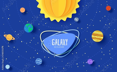 Solar system model in paper cut style. Cartoon planets, red polygonal rocket and origami UFO. 3d vector background with flying saucer in starry night sky. Children's illustration of paper craft galaxy