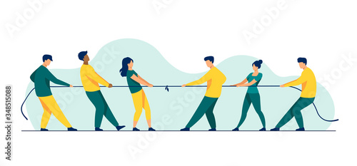 People pulling opposite ends of rope flat vector illustration. Tug of war contest between office workers. Competition challenge and confrontation concept