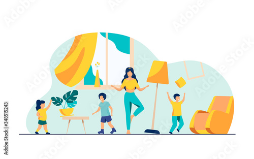 Mother standing calm in the middle of room flat vector illustration. Mischievous and naughty children making chaos. Parenting and behavior concept.